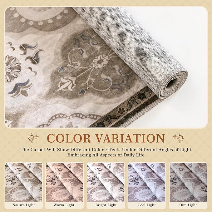 EnHomee Area Rugs 3x5, Soft Washable Rugs for Living Room Bedroom, Boho Non Slip Low Pile Stain Resistant Washable Rug Large Carpet for Dining Room,Easy to Clean Living Room Rug, Khaki