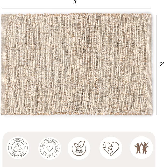 REDEARTH · Jute Cotton Area Rug - 2'x3' Rectangular Rug, Sustainable Handwoven, Non-Shedding, Soft & Durable – Reversible, Neutral Tones for Home Décor in Living Room, Dining Room, Bedroom