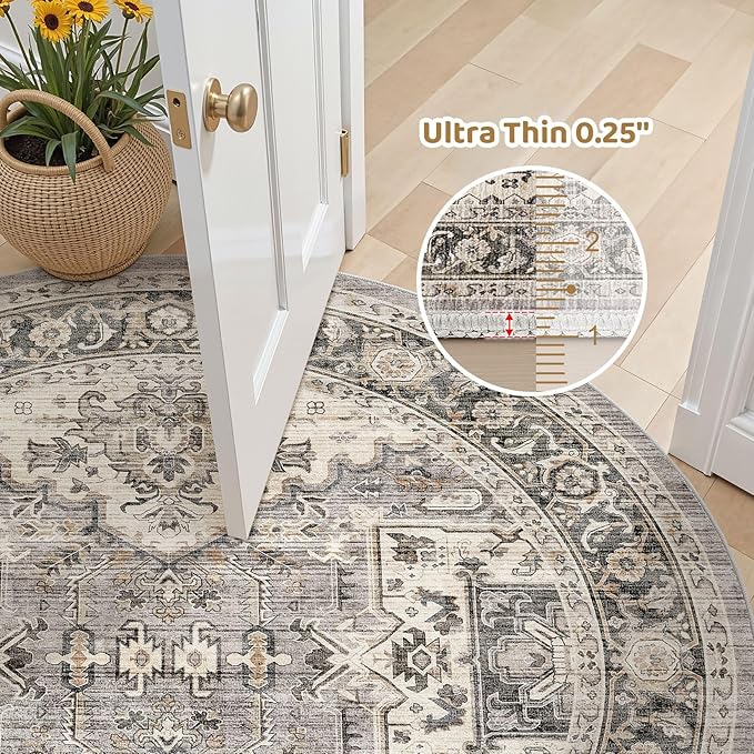 Area Rug for Living Room - 5x5 Soft Machine Washable Oriental Vintage Floral Distressed Large Indoor Floor Carpet for Bedroom Under Dining Table Home Office Decor - Brown