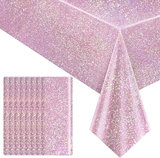 8 pcs Pale Pink Holographic Laser Tablecloths Light Pink Shiny Table Covers 40" x 108" Disposable Rectangle Table cloths for Girl Birthday Party Wedding Anniversary Bachelorette Baby Shower Décor
