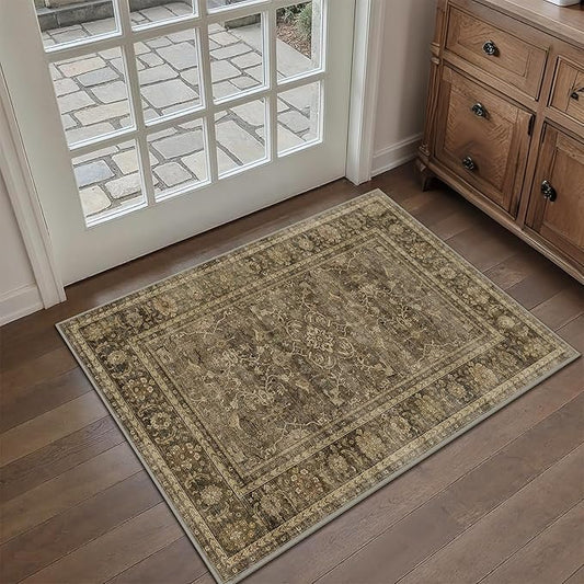 HelloTree 2x3 Entryway Rug Washable Vintage Print Door Mat Kitchen Rugs for Front Door Bedroom Living Room Entrance Small Soft Traditional Distressed Carpet Folable for Room Bedside-Brown