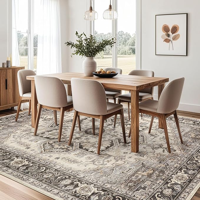 Area Rug for Living Room - 8x10 Soft Machine Washable Oriental Vintage Floral Distressed Large Indoor Floor Carpet for Bedroom Under Dining Table Home Office Decor - Grey Brown