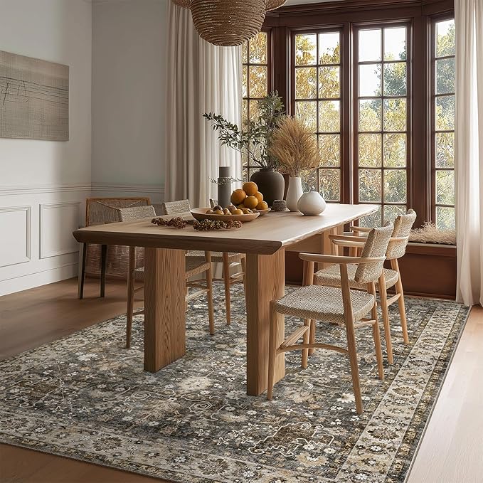 Washable Area Rugs 5'x7' Non-Slip Vintage Boho Distressed Fade Resistant Low Pile Carpet for High-Traffic Living Room, Bedroom & Dining Room