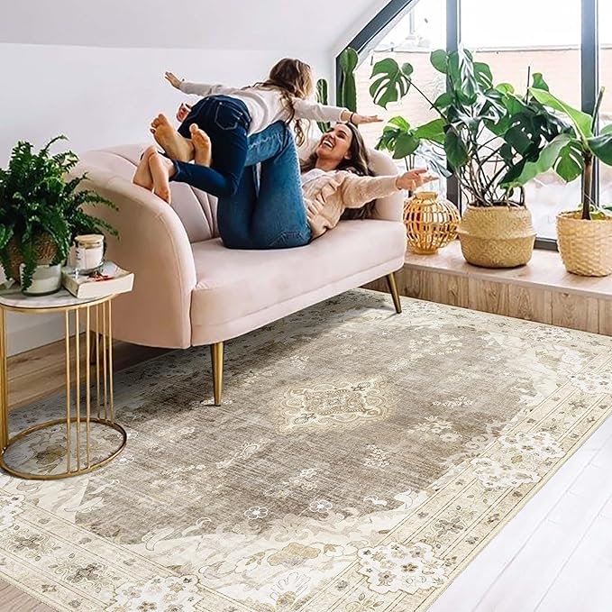 MUJOO Boho Rug 4'x6.5',Beige Area Rugs for Bedroom Living Room Dining Room,Machine Washable Non Slip Carpet Vintage Bohemian Distressed Farmhouse,Floral