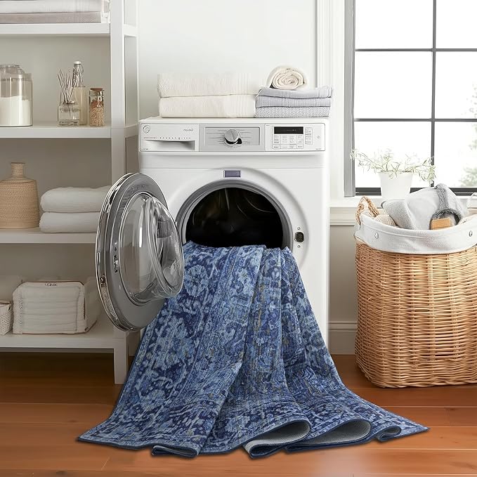 ReaLife Rugs Machine Washable Area Rug Runner - Living Room Bedroom Bathroom Kitchen Entryway Office - Padded Low Pile Stain Resistant Premium - Boho Vintage Traditional - Lyle - Blue 2'6" x 6'