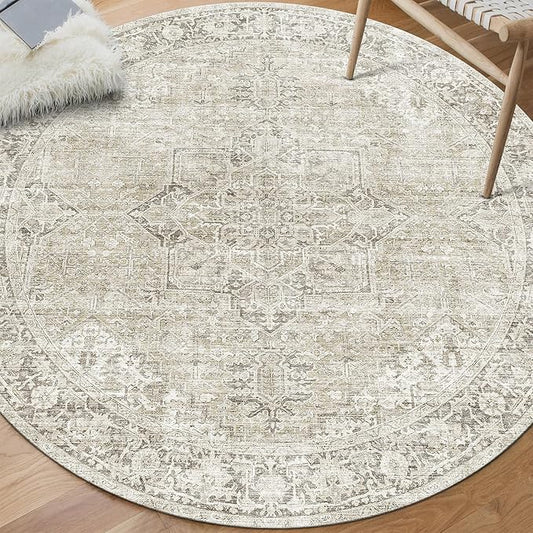 ReaLife Rugs Machine Washable Area Rug - Living Room Bedroom Bathroom Kitchen Entryway Office - Padded Low Pile Stain Resistant Premium - Boho Farmhouse Vintage - Lyle - Beige Ivory 6' Round