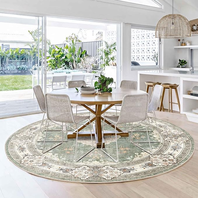 MUJOO Green Round Rug 6ft,Circle Washable Area Rugs for Bedroom Living Room Bathroom,Boho Large Non Slip Circular Carpet,Sage Floral