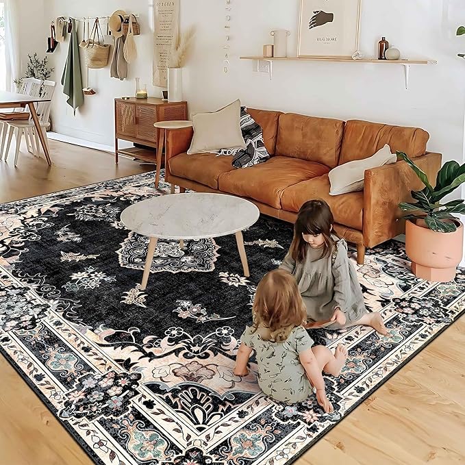 MUJOO Black Rug 6'x9',Washable Area Rugs for Living Room Bedroom Dining Room, Large Boho Vintage Farmhouse Distressed Non Slip Carpet,Floral Flowers