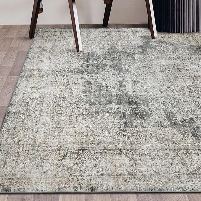 Area Rug 8x10 Washable Rug Living Room Vintage Non Slip Accent Rug Thin Retro Print Indoor Mat for Bedroom Kitchen, (Olive 8x10)