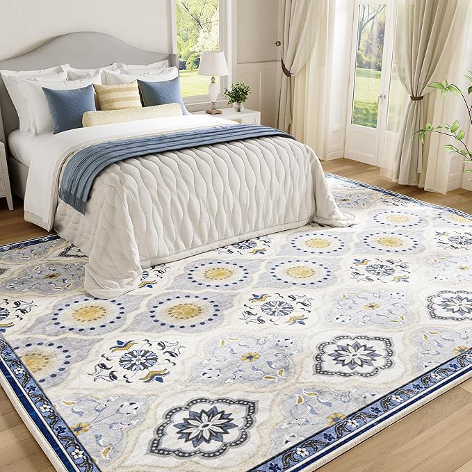 EnHomee 8x10 Area Rug, Soft Washable Rugs for Living Room Bedroom, Boho Non Slip Low Pile Stain Resistant Washable Rug Large Area Rugs for Dining Room,Easy to Clean Living Room Rug, Blue