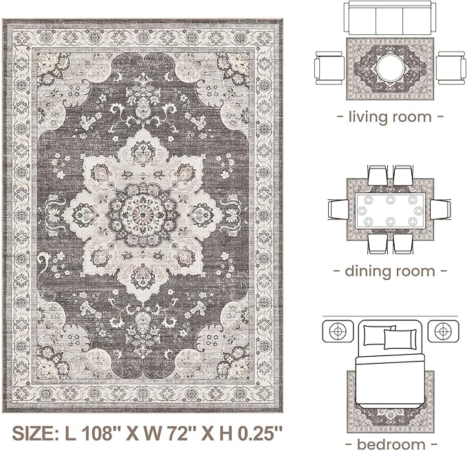 Area Rug for Living Room - 6x9 Soft Washable Oriental Vintage Floral Distressed Large Carpet - Fade Stain Resistant Non Slip Rugs for Bedroom Dining Room Nursery Dorm Office Home Decor - Brown/Grey