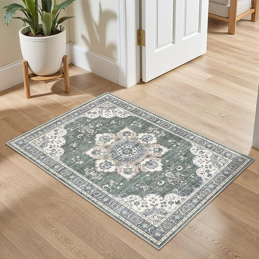 2x3 Washable Entryway Rug: Non-Slip Soft Small Indoor Area Rug for Bedroom Kitchen, Low Pile Stain-Resistant Durable Vintage Floral Carpet for Porch Laundry Kids Room Home Decor (Green)