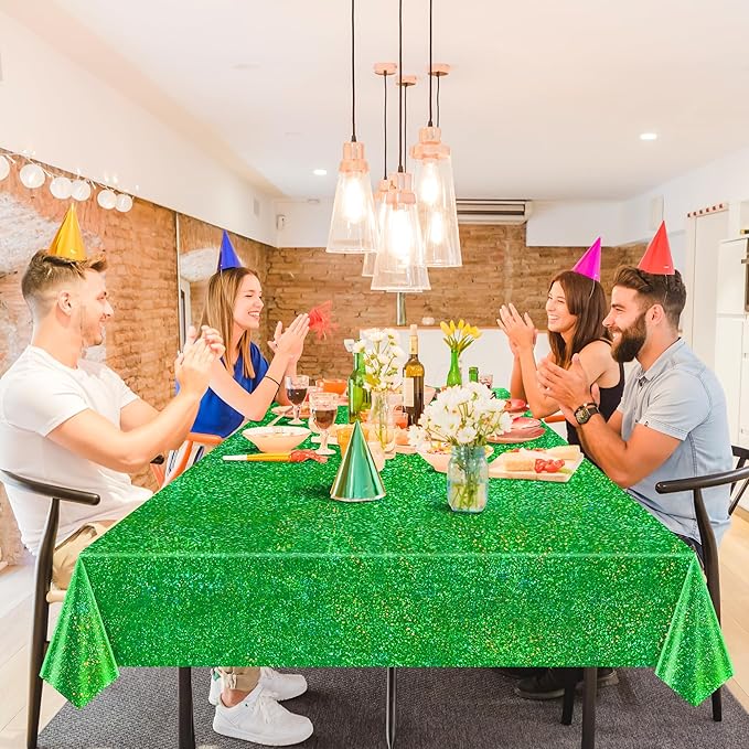 2 pcs Green Holographic Tablecloth 40" x 108" Christmas Table Cloth Shimmer Shining Plastic Metallic Table Cover for Jungle Safari St. Patrick's Day Baby Shower Birthday Party Decoration Supplies