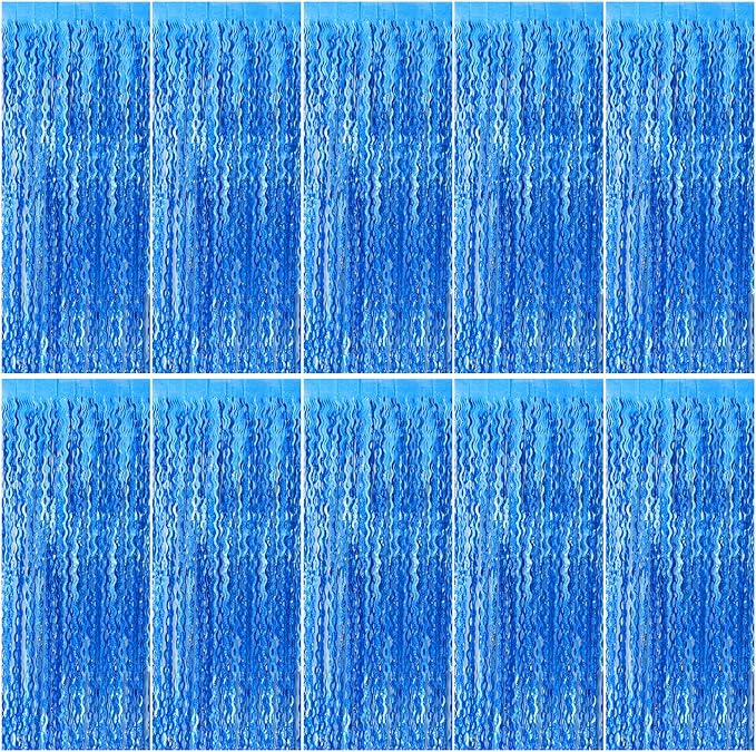 Blue Backdrop Wavy Tinsel Foil Fringe Curtains for Parties Sparkle Metallic Wavy Blue Birthday Decorations for Streamers Party Decorations Photo Booth Props Birthday Ocean Party Decor Supplies