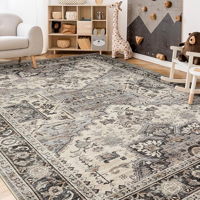 Area Rug for Living Room - 7x9 Soft Washable Oriental Vintage Floral Distressed Large Carpet - Fade Stain Resistant Non Slip Rugs for Bedroom Dining Room Nursery Dorm Office Home Decor - Brown