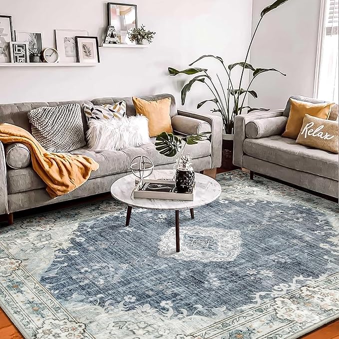 MUJOO Blue Grey Rug 8'x10' Rugs for Living Room Large Washable Area Rug Boho Rug for Bedroom Non Slip Vintage Abstract Soft Low-Pile Floral Flowers