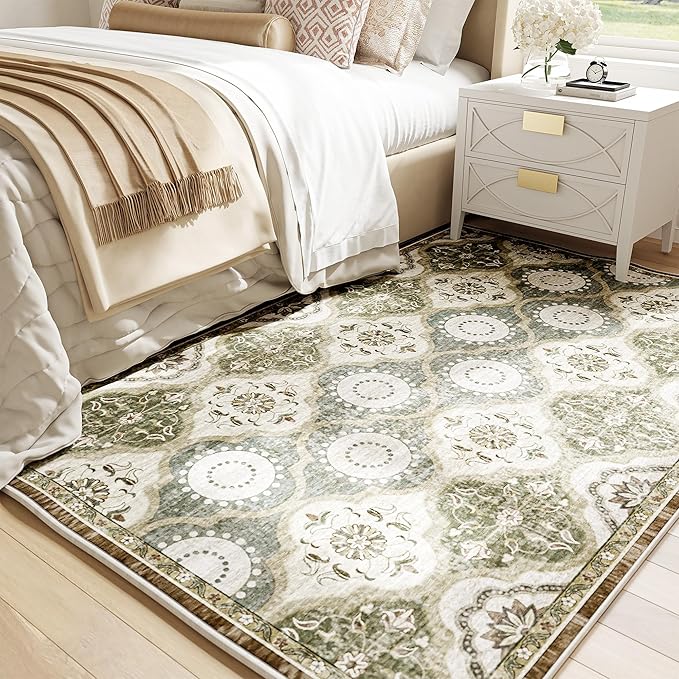 EnHomee Area Rugs 3x5, Soft Washable Rugs for Living Room Bedroom, Boho Non Slip Low Pile Stain Resistant Washable Rug Large Carpet for Dining Room,Easy to Clean Living Room Rug, Green