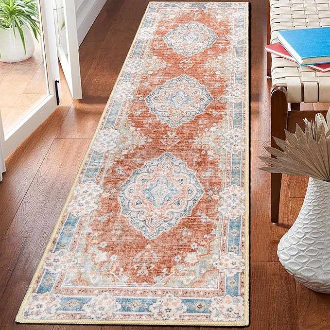 MUJOO Hallway Runner Rug 2'x8' Long Rug Runners Boho Machine Washable Non Slip Carpet for Entryway Kitchen Bathroom Bedside Retro Soft Low-Pile Blossom Orange