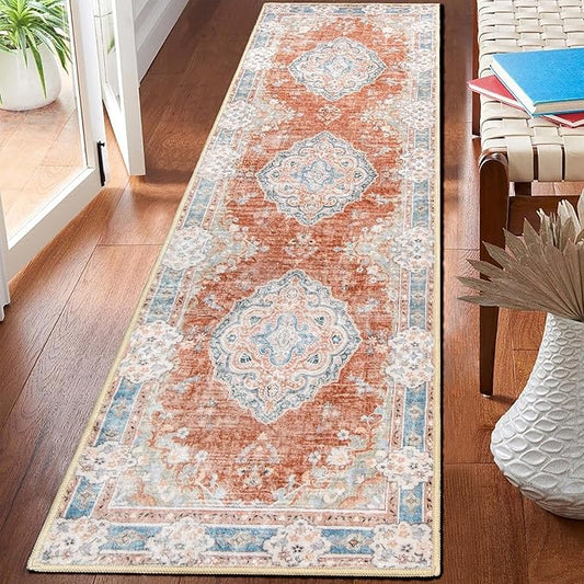 MUJOO Hallway Runner Rug 2'x8' Long Rug Runners Boho Machine Washable Non Slip Carpet for Entryway Kitchen Bathroom Bedside Retro Soft Low-Pile Blossom Orange
