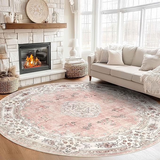 MUJOO Pink Round Rug 9ft,Large Circle Washable Area Rugs for Bedroom Living Room Bathroom,Boho Non Slip Circular Carpet,Blush Floral