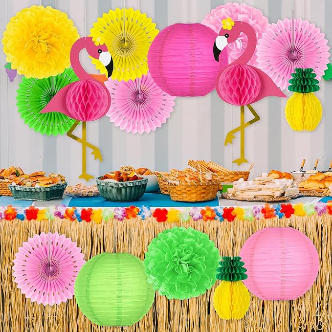 Heartome 13PCS Hawaiian Party Decorations, Luau Party Decorations, Flamingo and Pineapple Honeycomb Paper Flowers Fans and Ball Lanterns for Summer Tropical Beach Party Decorations Supplies Favors