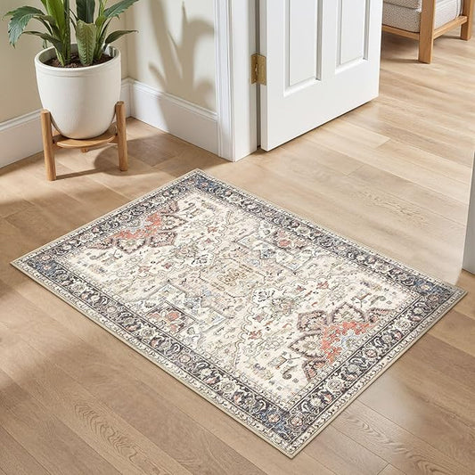 2x3 Washable Entryway Rug: Non-Slip Soft Small Indoor Area Rug for Bedroom Kitchen, Low Pile Stain-Resistant Durable Vintage Floral Carpet for Porch Laundry Kids Room Home Decor (Multi)