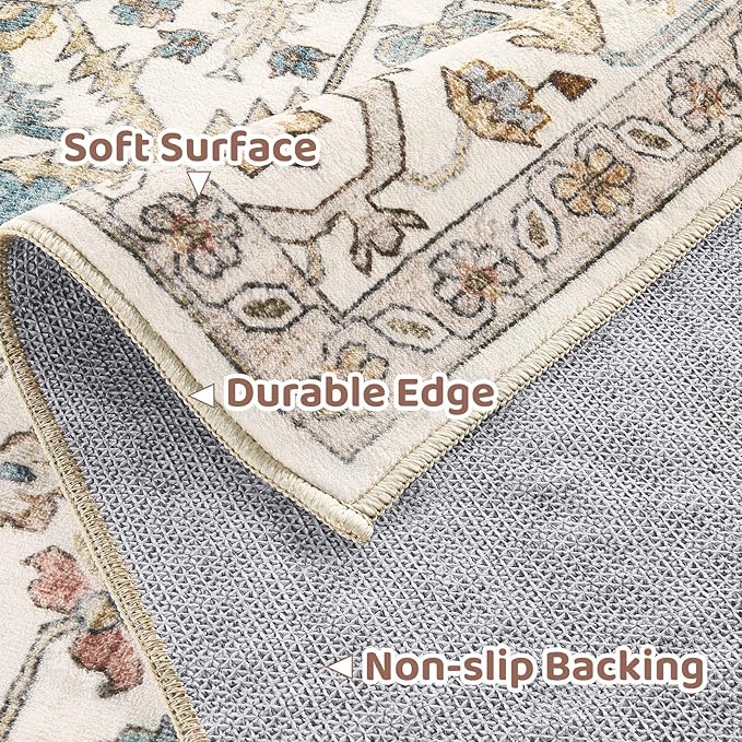 3x5 Washable Entryway Rug: Non-Slip Soft Vintage Floral Indoor Area Rug for Living Room Large Kitchen Entryway Bedroom Bedside, Door Mat Throw Carpet for Laundry Foyer Home Decor (Blue)