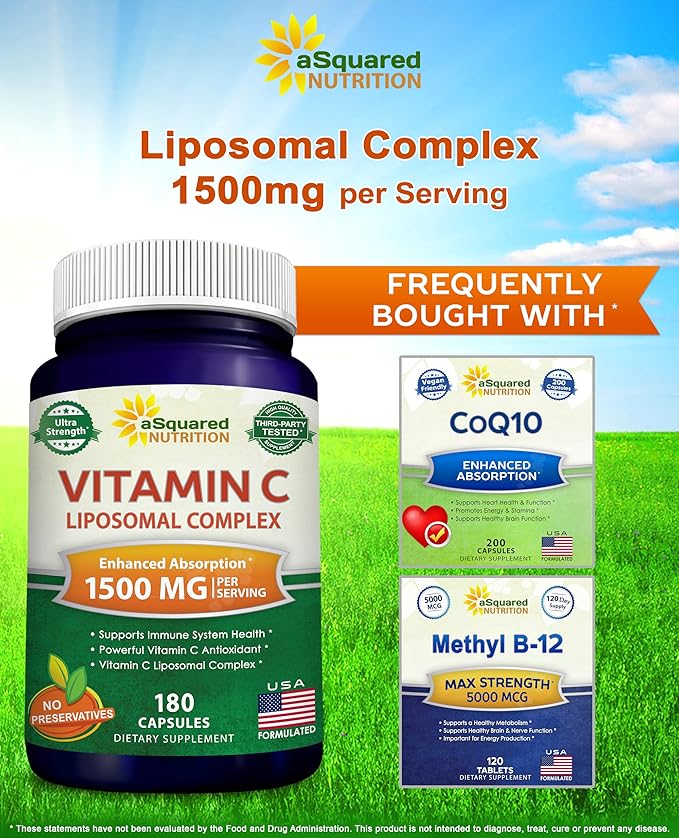 aSquared Nutrition Vitamin C Liposomal Complex - 1500mg Supplement - 180 Capsules - High Absorption VIT C Ascorbic Acid Pills - Supports Immune System & Collagen Health - 90 Servings