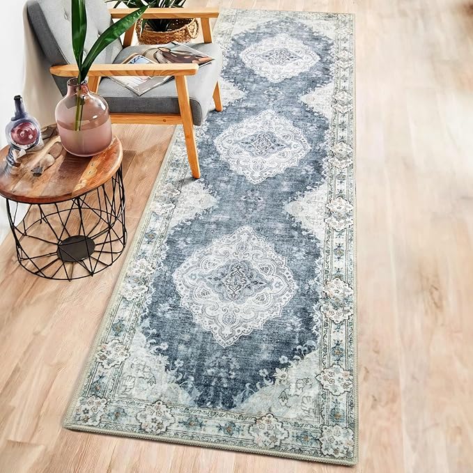 MUJOO Hallway Runner Rug 2'x8' Blue Grey Long Rug Runners Boho Machine Washable Non Slip Carpet for Entryway Kitchen Bathroom Bedside Retro Soft Low-Pile Blossom