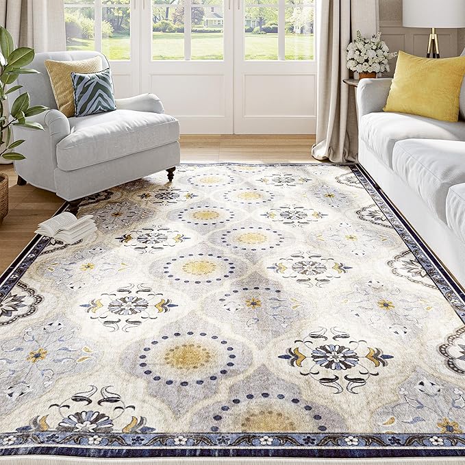 EnHomee Washable Area Rugs 4x6, Soft Area Rug for Living Room Bedroom, Boho Non Slip Low Pile Stain Resistant Washable Rug Large Carpet for Dining Room,Easy to Clean Living Room Rug, Blue
