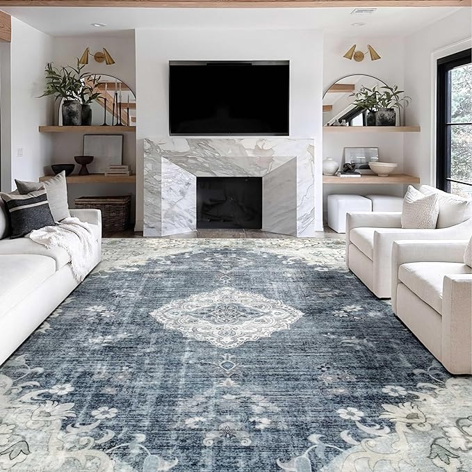MUJOO Blue Grey Rug 9'x12' Area Rugs for Living Room Dining Room Washable Rugs Large Rug Boho Rug for Bedroom Non Slip Abstract Soft Low-Pile Floral Flowers