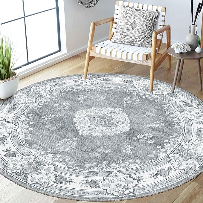 MUJOO Grey Round Rug 5ft,Circle Washable Area Rugs for Bedroom Living Room Bathroom,Boho Vintage Bohemian Distressed Farmhouse Large Non Slip Circular Carpet,Floral