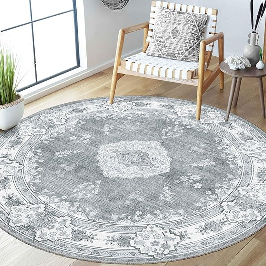 MUJOO Grey Round Rug 5ft,Circle Washable Area Rugs for Bedroom Living Room Bathroom,Boho Vintage Bohemian Distressed Farmhouse Large Non Slip Circular Carpet,Floral