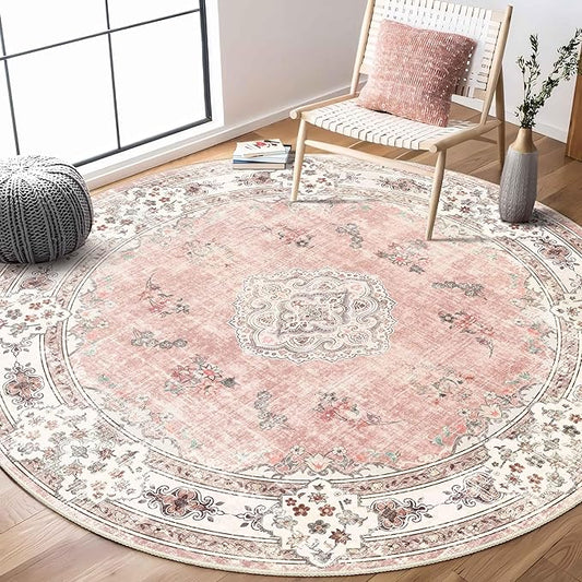 MUJOO Pink Round Rug 6ft,Circle Washable Area Rugs for Bedroom Living Room Bathroom,Boho Large Non Slip Circular Carpet,Blush Floral
