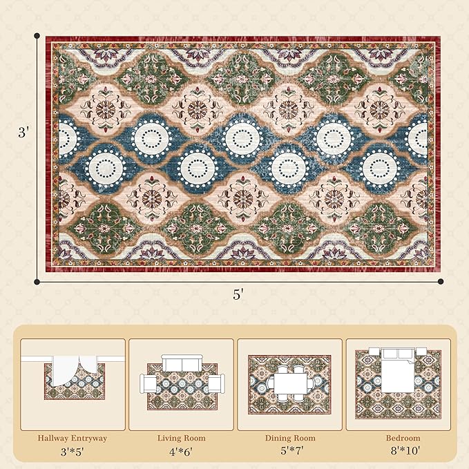 EnHomee Area Rugs 3x5, Soft Washable Rugs for Living Room Bedroom, Boho Non Slip Low Pile Stain Resistant Washable Rug Large Carpet for Dining Room,Easy to Clean Living Room Rug, Red & Green