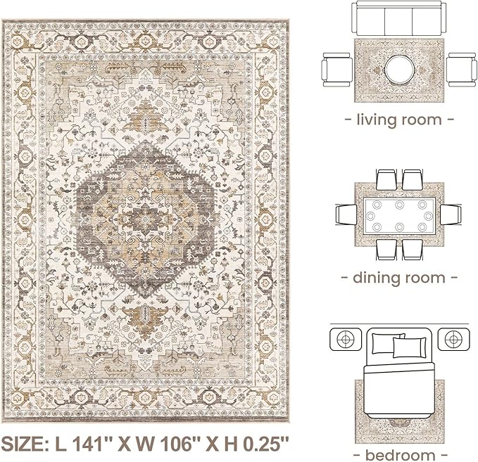 Area Rug for Living Room - 9x12 Soft Washable Oriental Vintage Floral Distressed Large Carpet - Fade Stain Resistant Non Slip Rugs for Bedroom Dining Room Nursery Dorm Office Home Decor-Camel/Beige