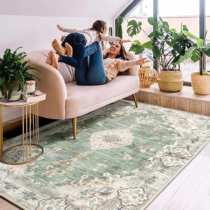 MUJOO Boho Rug 4'x6.5' Area Rugs for Bedroom Living Room Dining Room Green Small Rugs Machine Washable Non Slip Carpet for Office Dorm Bedside Kitchen Laundry Room Accent Soft Floral