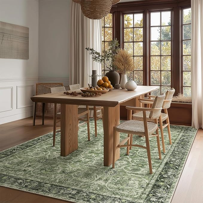 Washable Area Rugs 5'x7' Non-Slip Vintage Boho Distressed Fade Resistant Low Pile Carpet for High-Traffic Living Room, Bedroom & Dining Room