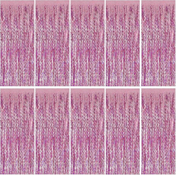 Pink Tinsel Foil Fringe Curtains Wavy Backdrop for Parties Sparkle Metallic Wavy Foil Fringe Backdrop Curtain for Party Decorations Photo Booth Props for Birthday Graduation Wedding