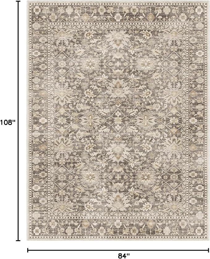 7X9 Area Rugs Machine Washable Rugs for Living Room Bedroom Hallway, Non Slip Indoor Soft Accent Distressed Boho Vintage Print Lightweight Thin Low Pile Carpet (Coffee, 7x9)