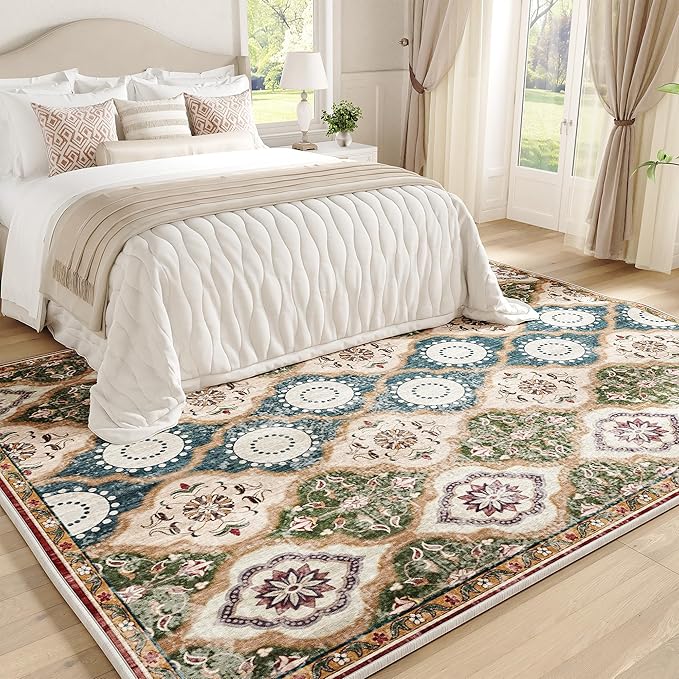 EnHomee Area Rugs 5x7, Soft Washable Rugs for Living Room Bedroom, Boho Non Slip Low Pile Stain Resistant Washable Rug Large Carpet for Dining Room,Easy to Clean Living Room Rug, Red & Green