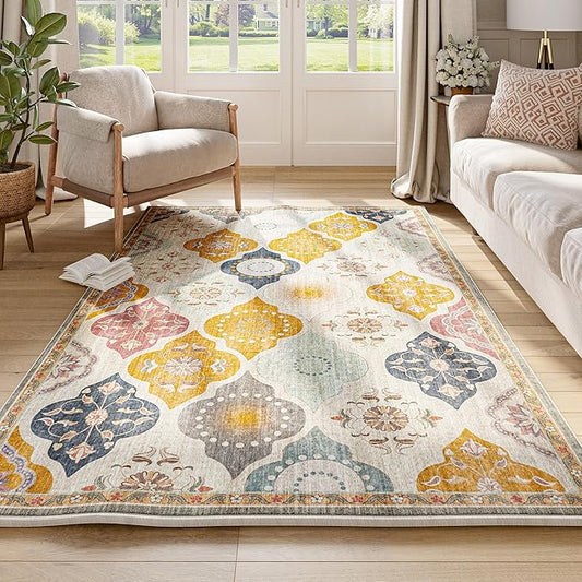 EnHomee Area Rugs 3x5, Soft Washable Rugs for Living Room Bedroom, Boho Non Slip Low Pile Stain Resistant Washable Rug Large Carpet for Dining Room,Easy to Clean Living Room Rug, Colorful