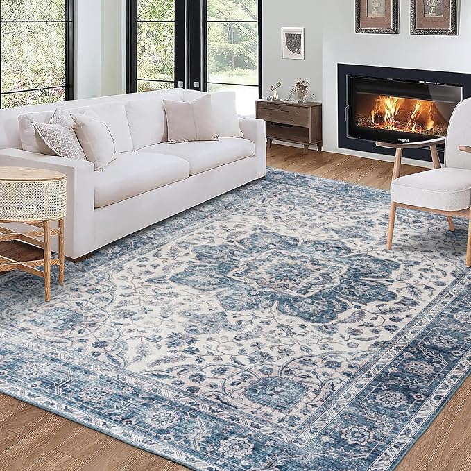 ReaLife Rugs Machine Washable Area Rug - Living Room Bedroom Bathroom Kitchen Entryway Office - Padded Low Pile Stain Resistant Premium - Boho Farmhouse Vintage - Joy - Blue Ivory 7'6" x 9'6"