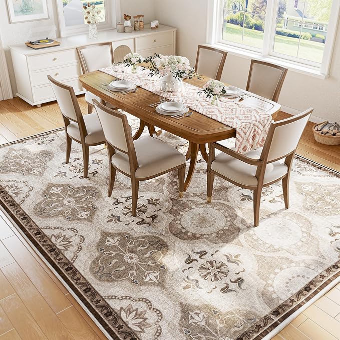EnHomee Area Rugs 5x7, Soft Washable Rugs for Living Room Bedroom, Boho Non Slip Low Pile Stain Resistant Washable Rug Large Carpet for Dining Room,Easy to Clean Living Room Rug, Khaki