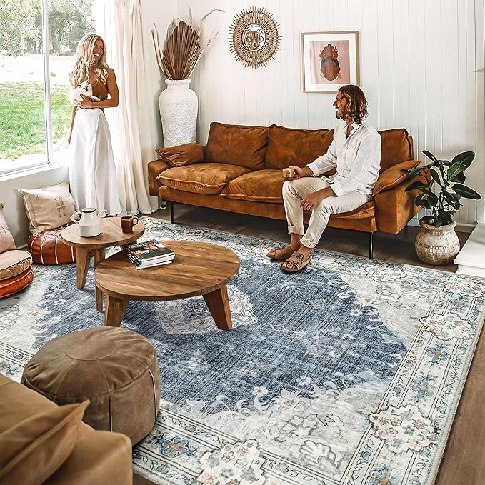 MUJOO Blue Grey Rug 8'x10' Rugs for Living Room Large Washable Area Rug Boho Rug for Bedroom Non Slip Vintage Abstract Soft Low-Pile Floral Flowers