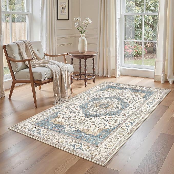 3x5 Washable Entryway Rug: Non-Slip Soft Vintage Floral Indoor Area Rug for Living Room Large Kitchen Entryway Bedroom Bedside, Door Mat Throw Carpet for Laundry Foyer Home Decor (Blue)
