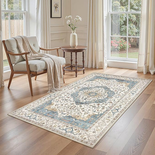 3x5 Washable Entryway Rug: Non-Slip Soft Vintage Floral Indoor Area Rug for Living Room Large Kitchen Entryway Bedroom Bedside, Door Mat Throw Carpet for Laundry Foyer Home Decor (Blue)