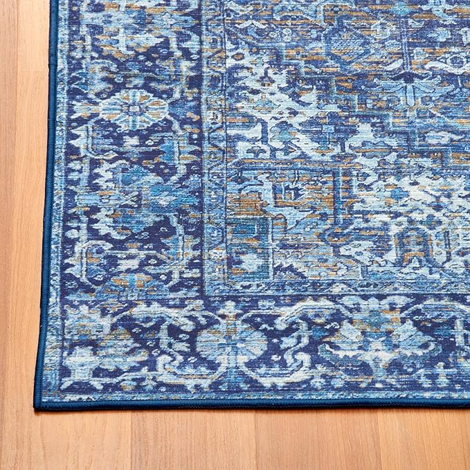 ReaLife Rugs Machine Washable Area Rug - Living Room Bedroom Bathroom Kitchen Entryway Office - Padded Low Pile Stain Resistant Premium - Boho Vintage Traditional - Lyle - Blue 4' x 6'