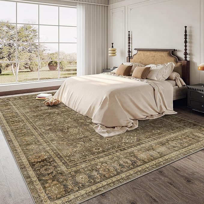 HelloTree Washable Rugs 8x10 Area Rug for Living Room, Vintage Boho Brown Rug Non Slip Carpet Retro Accent Indoor Mat Print Distressed Low Pile Throw Large Rug for Office Dining Room Bedside-Brown