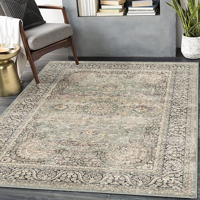5X7 Area Rugs for Living Room - Large Washable Rugs 5x7 Vintage Rug Throw Low Pile Rug Non-Slip Distressed Carpet for Bedroom, Office, Kitchen,Entryway, Dining Room, Olive Charcoal